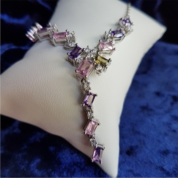 Swarovski Elements Platinum Multicolor Pink & Purple Gem Geometric Necklace NEW - Picture 1 of 11